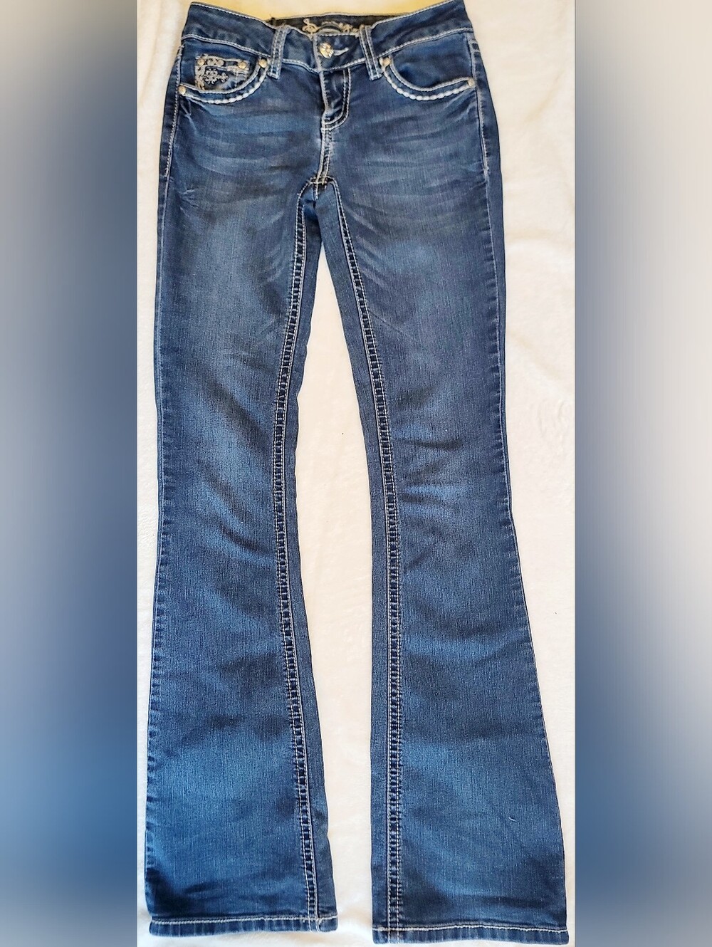 Soundgirl Womens Flare Jeans Size 1 Medium Wash Button Fly Low Rise Y2K Denim